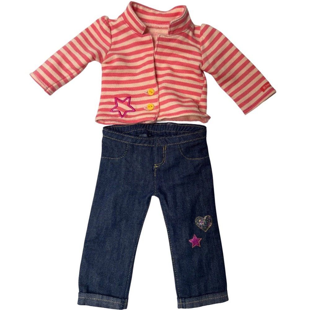American Girl Doll Outfit Striped Star Top and Denim Jeans Heart Patch Set